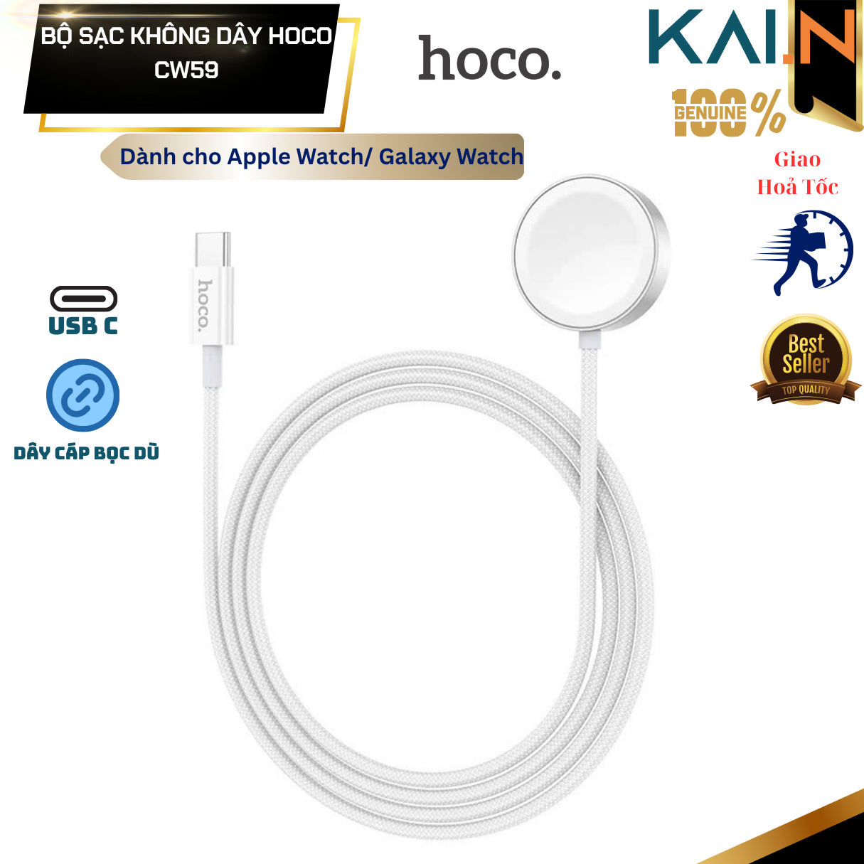 Bộ sạc không dây HOCO CW59 cho Apple Watch Ultra/ 10/ 9/ 8 / 7 / 6 / se / 5 / 4 / 3 / 2 / 1/ Samsung Galaxy 1-7/ Ultra_ Hàng Chính Hãng