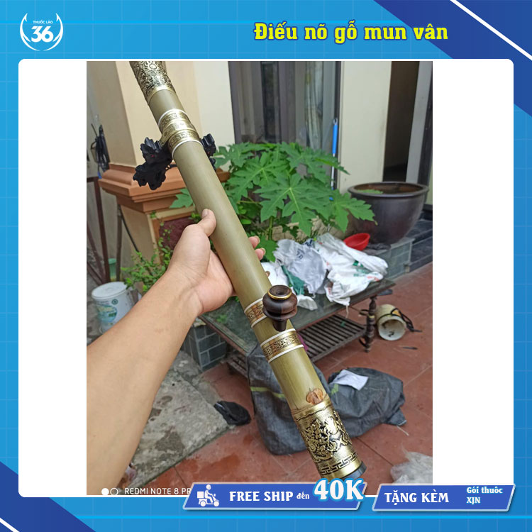 Điếu cày bọc đồng nõ gỗ mun vân