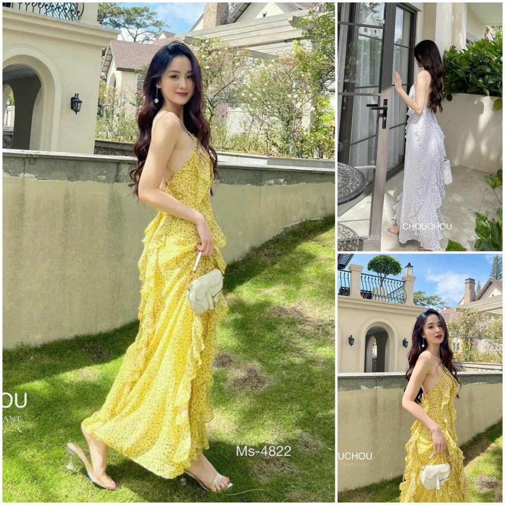 Đầm maxi voan hoa 2 lớp cao cấp phối bèo cột dây lưng