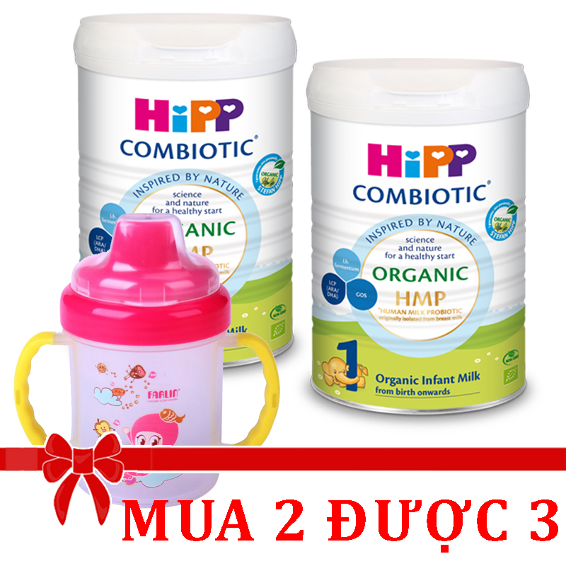 Combo 2 lon Sữa bột Hipp số 1 Organic Combiotic HMP 800gr Mẫu Mới tách tem tặng CỐC TẬP UỐNG FARLIN