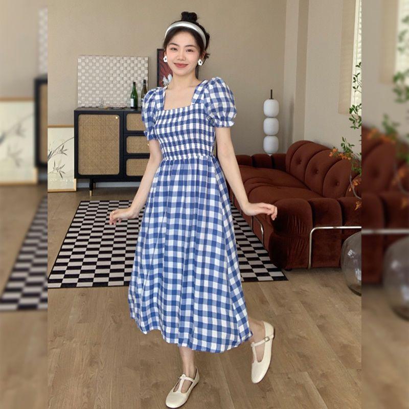 DIYIWEI Thanh lịch Port Wind Vintage kẻ sọc ăn vuông cổ thắt lưng sọc đi lại khí chất ngọt ngào bong bóng tay áo váy