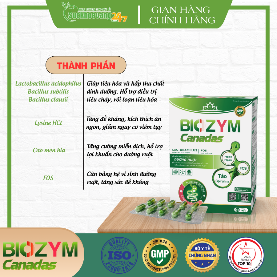 Viên uống BIOZYM Canadas hỗ trợ cải thiện tiêu hóa, giảm các triệu chứng rối loạn tiêu hóa do loạn khuẩn đường ruột - Hộp 60 viên