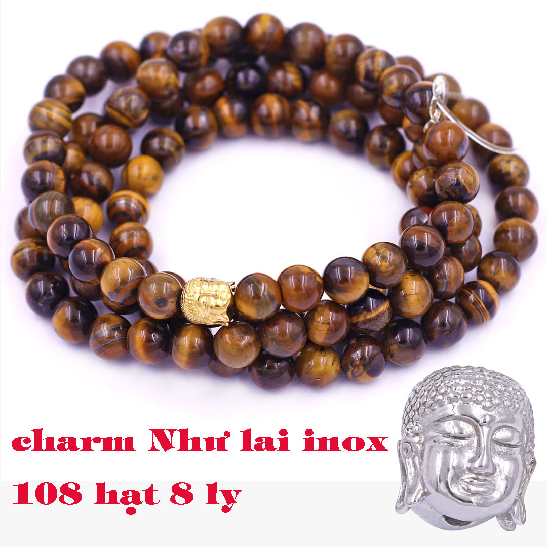 Vòng chuỗi 108 hạt đá mắt hổ vàng đen 8 ly size lớn charm đầu Phật Như lai, vòng chuỗi niệm Phật, vòng chuỗi đeo tay