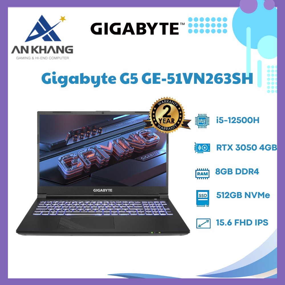 Laptop Gigabyte G5 GE-51VN263SH (Core i5-12500H | 8GB | 512GB | RTX 3050 4GB | 15.6 inch FHD 144Hz | Win 11 | Đen) - Hàng Chính Hãng - Bảo Hành 24 Tháng