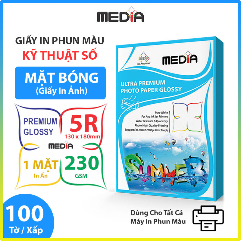 Giấy In Ảnh Media 1 Mặt Bóng (Glossy) 5R (13 x 18cm) 230gsm 100 Tờ - Hàng Chính Hãng