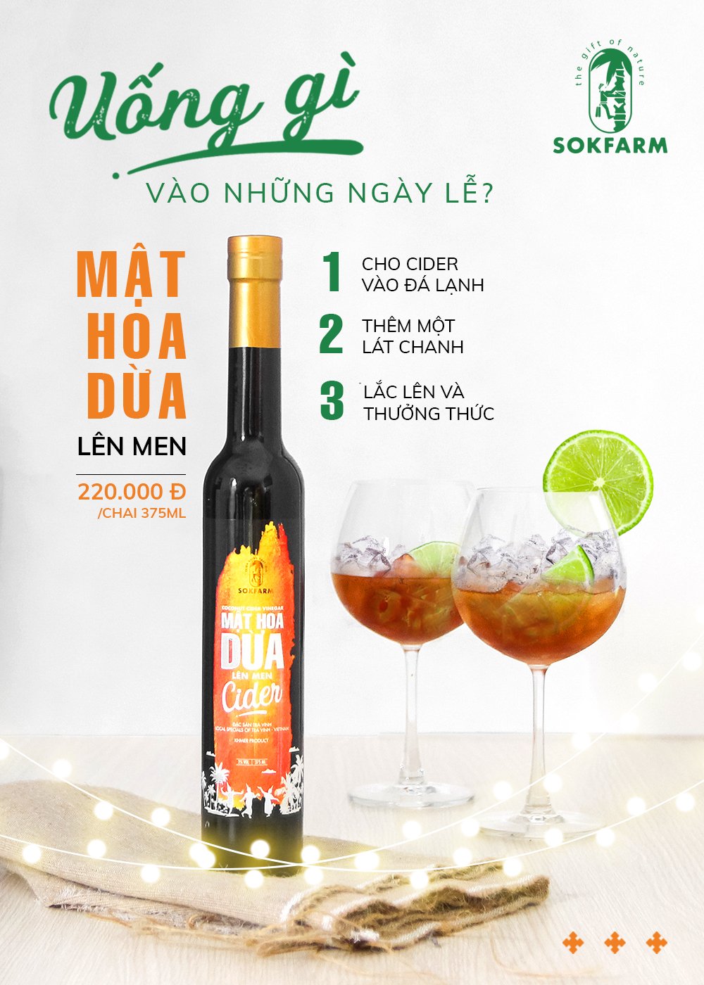 Mật Hoa Dừa Lên Men Cider SokFarm - Thức Uống Lên Men Dành Cho Phái Đẹp, Kích Thích Tiêu Hóa, Giảm Tích Tụ Mỡ Bụng, Giàu Chất Điện Giải Tự Nhiên - Chai 375 ml