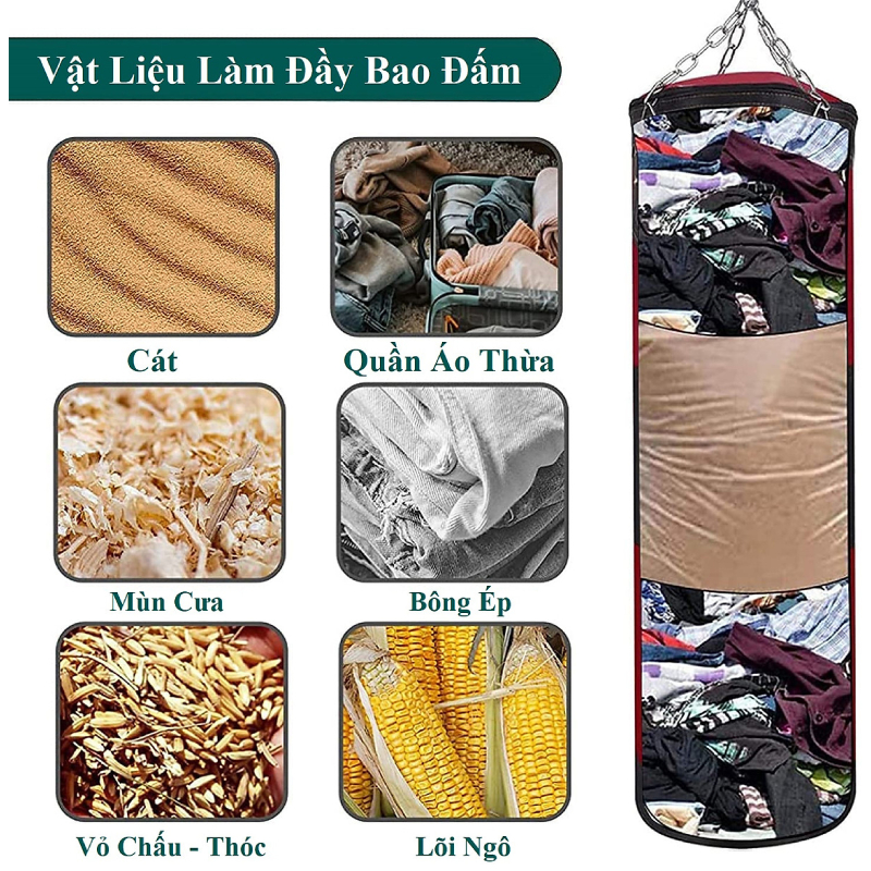 Vỏ bao cát đấm bốc boxing trẻ em 4 lớp dài 60cm, đường kính 26cm tặng full combo 5 món bao gồm găng tay đấm bốc trẻ em, móc treo, dây xích, khuy cài