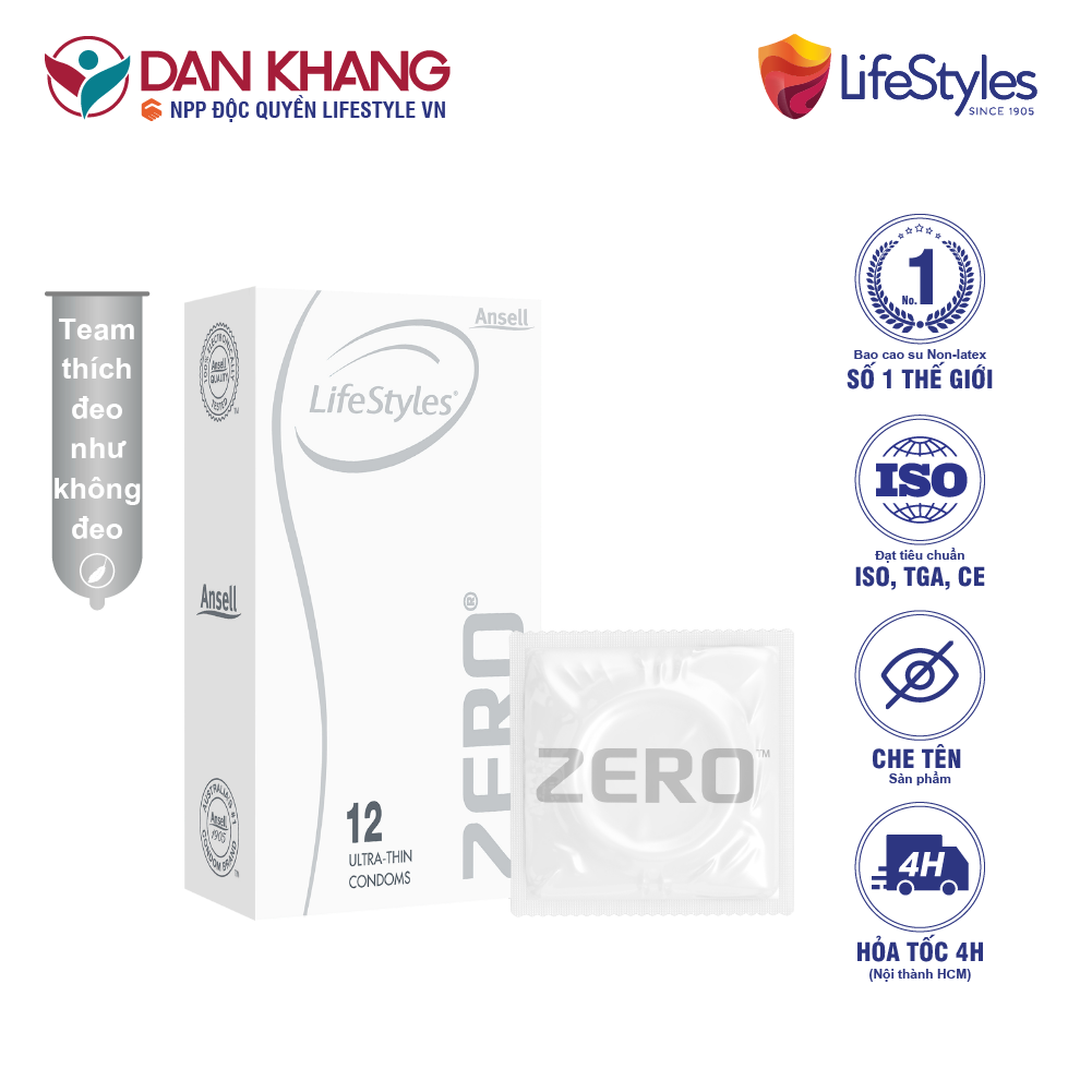 Bao cao su LifeStyles Zero làm từ cao su thiên nhiên cao cấp siêu mỏng cảm giác chân thật - Xuất xứ Úc
