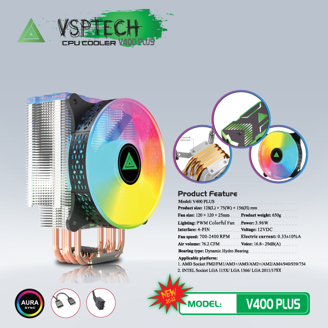 Tản nhiệt CPU VSP Cooler V400 PLUS Fan 12cm LED RGB Full Socket - Hàng chính hãng TECH VISION phân