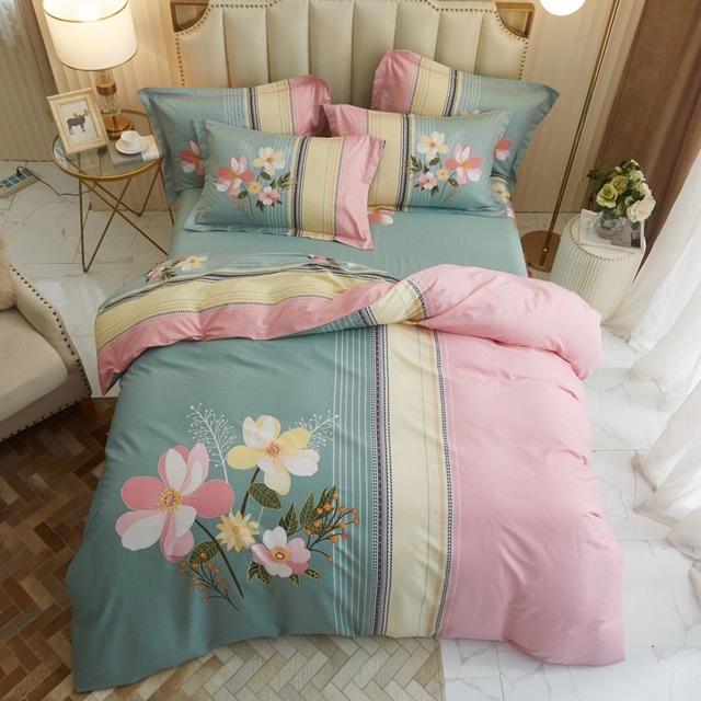 Set Cotton Organic 100%cotton Hàng Nhập Khẩu Cao Cấp 4 Món Hoạ Tiết Hoa Sang Trọng Tông Xanh