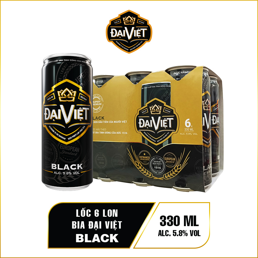 [Lốc (06) lon 330ml] Bia Black Đại Việt, Bia đen sản xuất theo luật bia tinh dòng của Bia Đức, không hóa chất, Bia việt dành cho người có gu