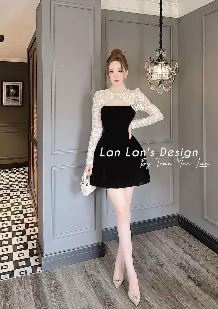 ĐẦM NHUNG PHỐI REN KÈM PHỤ KIỆN  2 MÀU Y HÌNH