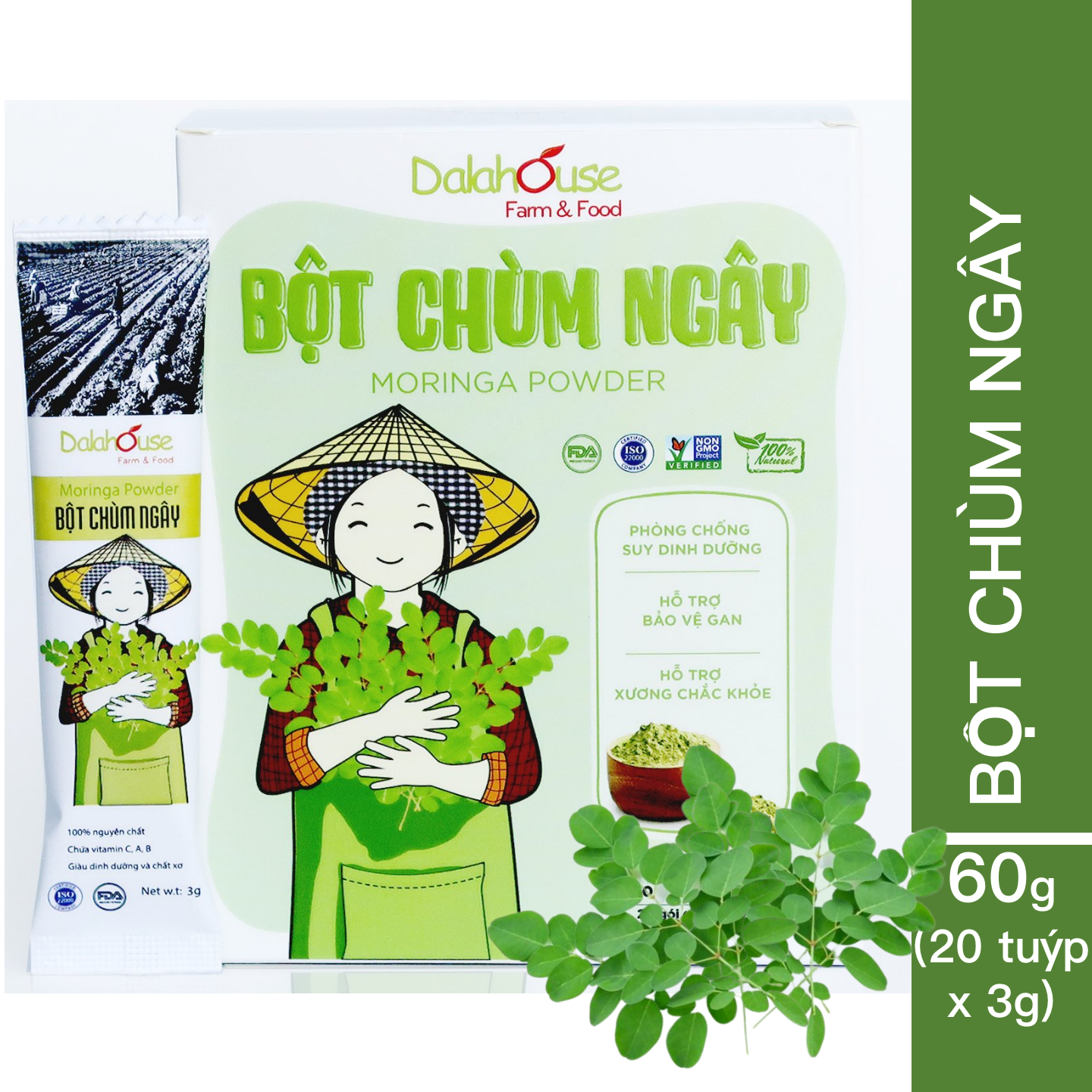 Bột Chùm Ngây hữu cơ sấy lạnh Dalahouse - 60g - Thải độc - Kiểm soát đường huyết - Chống lão hóa - Ngủ ngon