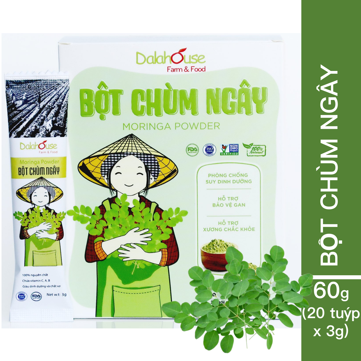 Bột Chùm Ngây hữu cơ sấy lạnh Dalahouse - 60g (20 tuýp nhỏ) - Thải độc - Kiểm soát đường huyết - Chống lão hóa - Ngủ ngon