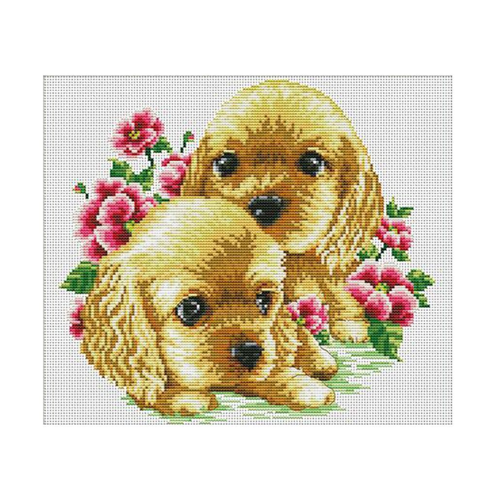 Handmade Ribbon Embroidery Lovely Dog Painting  Cross Stitch DIY