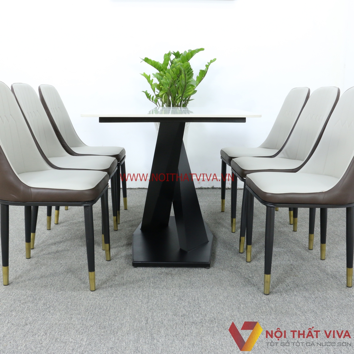 Bộ Bàn Ăn 6 Ghế Bọc Nệm Chân Chữ X Sơn Tĩnh Điện Mặt Đá Trắng Hiện Đại