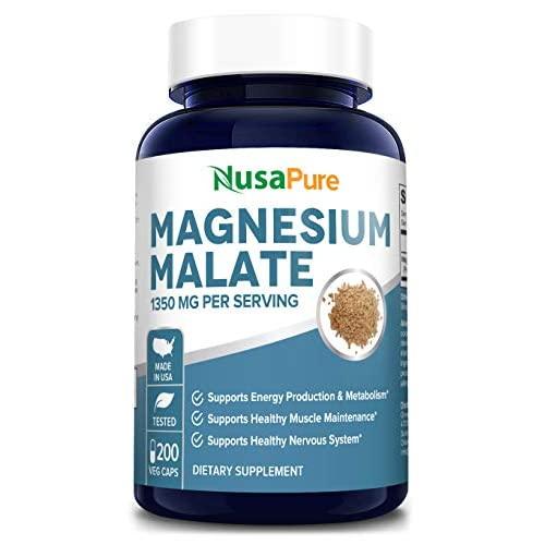 Magnesium Malate 1350mg 200 Veggie Capsules (Non-GMO & Gluten Free) High Potency - Supports Energy Production, Healthy Metabolism, Muscles Function & Nerve Function