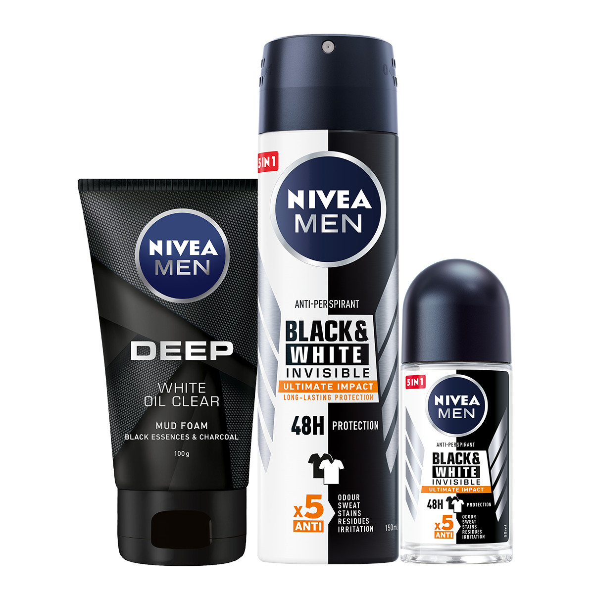 Bộ 3 Xịt và Lăn Ngăn Mùi NIVEA MEN Black &amp; White Ngăn Vệt Ố Vàng Vượt Trội 5in1 ( Xịt ngăn mùi 150ml - 85388 và Lăn ngăn mùi 50ml - 85392) &amp; Sữa Rửa Mặt NIVEA MEN DEEP Than Đen Hoạt Tính Hút Nhờn Sáng Da (100G) - 84415