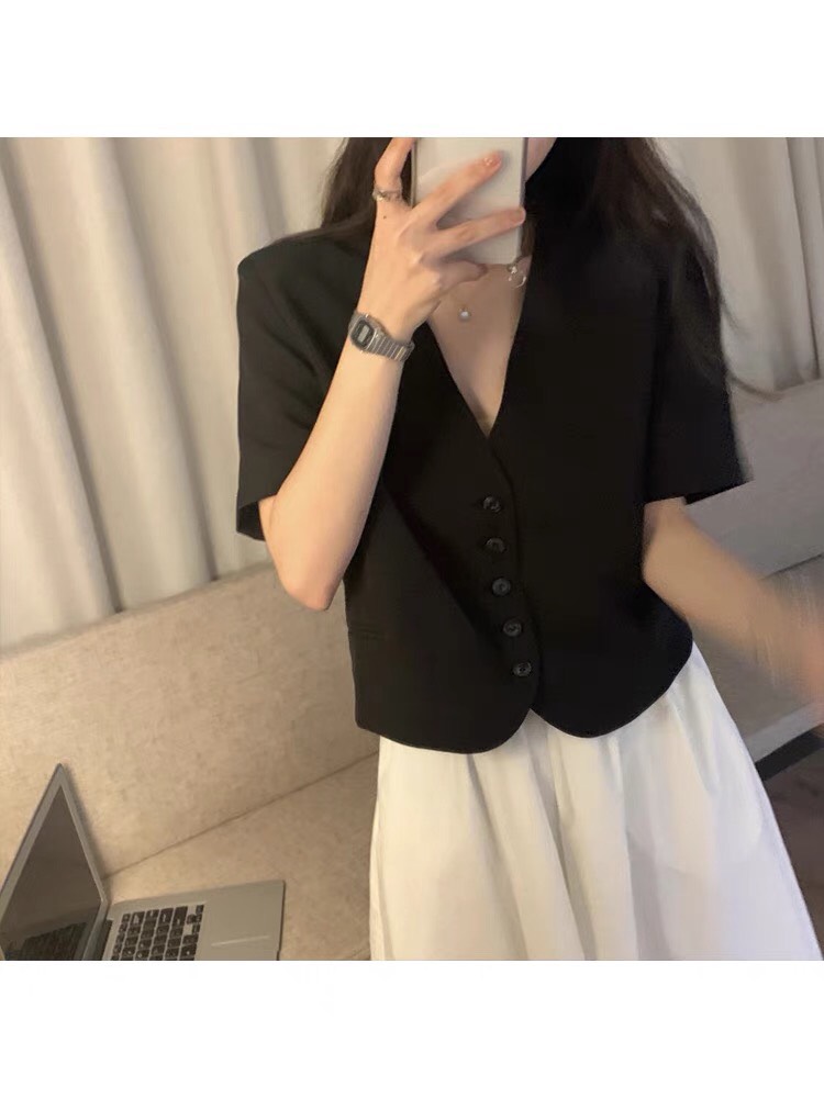 Áo vest nữ croptop phong cách Hàn Quốc chất liệu tuyết mưa cao cấp áo blazer dáng cộc tay cổ V xinh xắn phù hợp đi tiệc