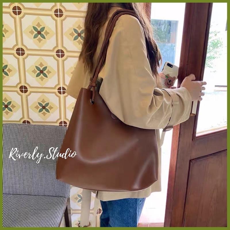 (Có sẵn Nâu/Đen) Túi tote da trơn phong cách Retro phù hợp đi học, công sở MS7276