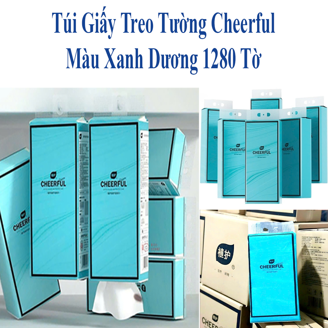 Túi Khăn Giấy Rút Cheerful Màu Xanh Dương 1280 Tờ Treo Tường Tiện Dụng