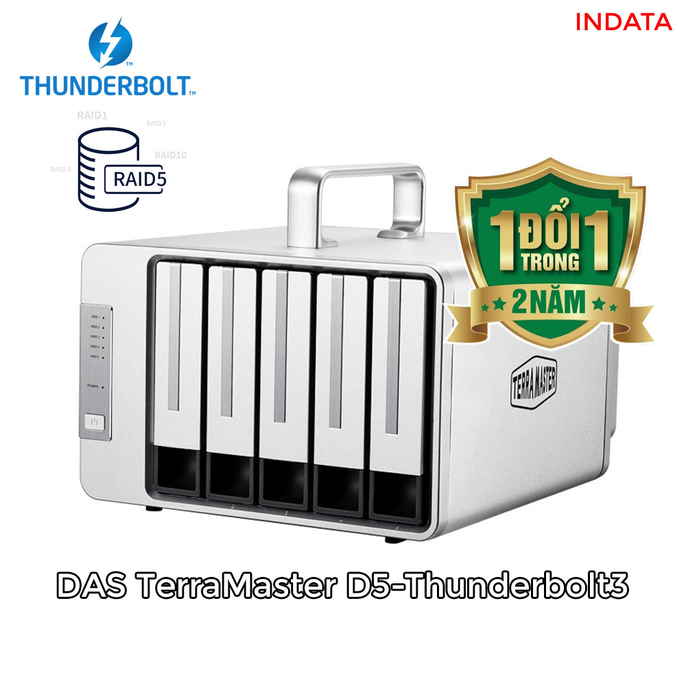 Bộ lưu trữ dữ liệu DAS TerraMaster D5-Thunderbolt 3 chuyên cho xử lý video và xử lý ảnh, 40Gbps, 1035MB/s, 5 khay ổ cứng RAID 0,1,5,10,JBOD,Single - Hàng chính hãng