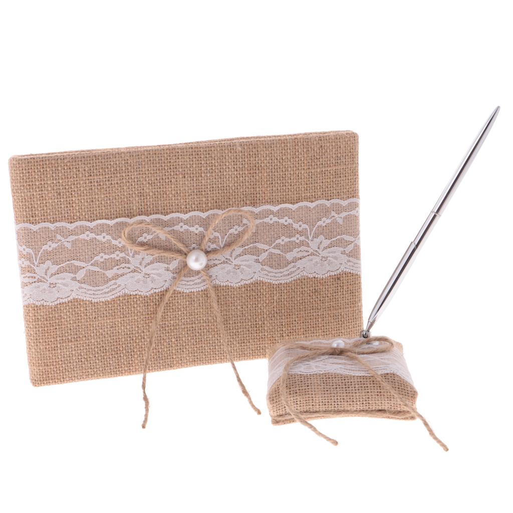 Burlap Rustic Wedding Ceremony Guest Book Pen Holder Set with Lace Bow Decor