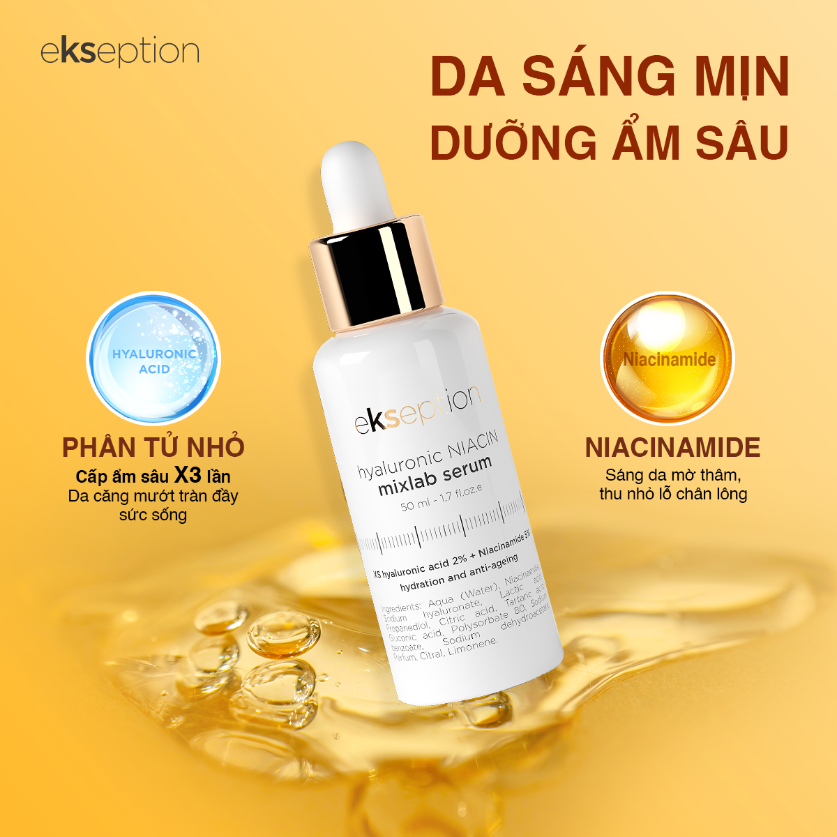 Serum giảm mụn, xóa thâm HYALURONIC NIACIN MIXLAB SERUM - 50ml duy trì độ ẩm cho làn da, giúp làm sáng da và mịn da