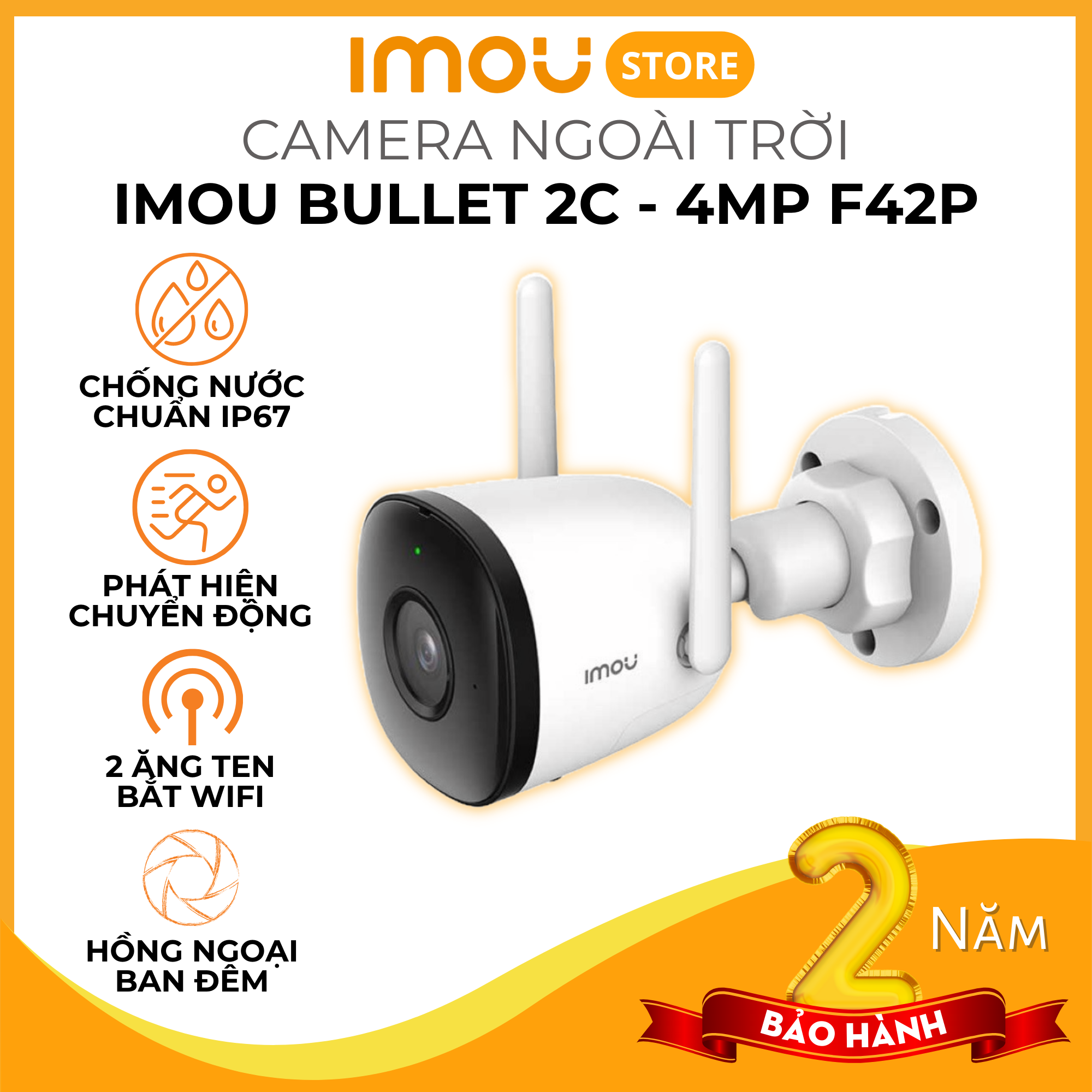 Camera IMOU Bullet 2/2C/2E (IPCF42) Camera Ngoài Trời, Chống nước IP67, Chuẩn nén H265, Theo