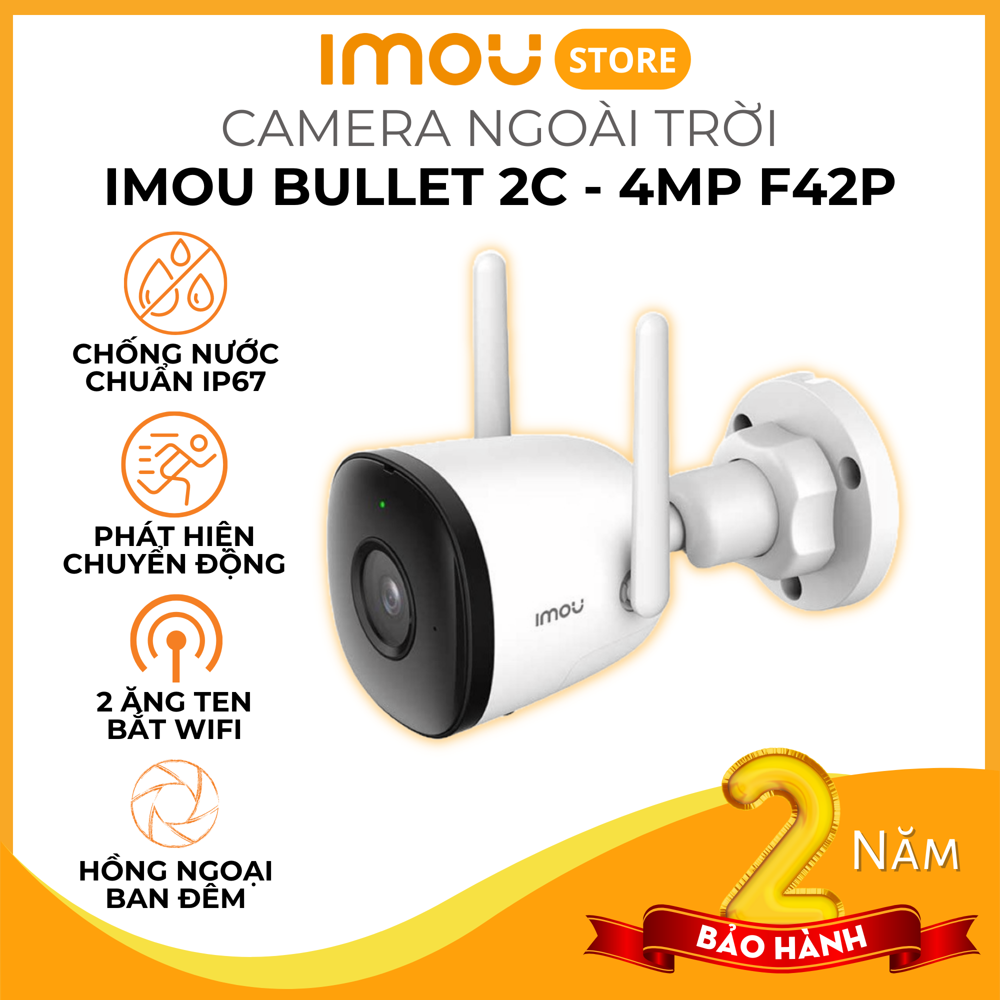 Camera IMOU Bullet 2/2C/2E (IPC-F42) Camera Ngoài Trời, Chống nước IP67, Chuẩn nén H265, Theo dõi chuyển động, Quay Màu ban đêm - Hãng Chính Hãng