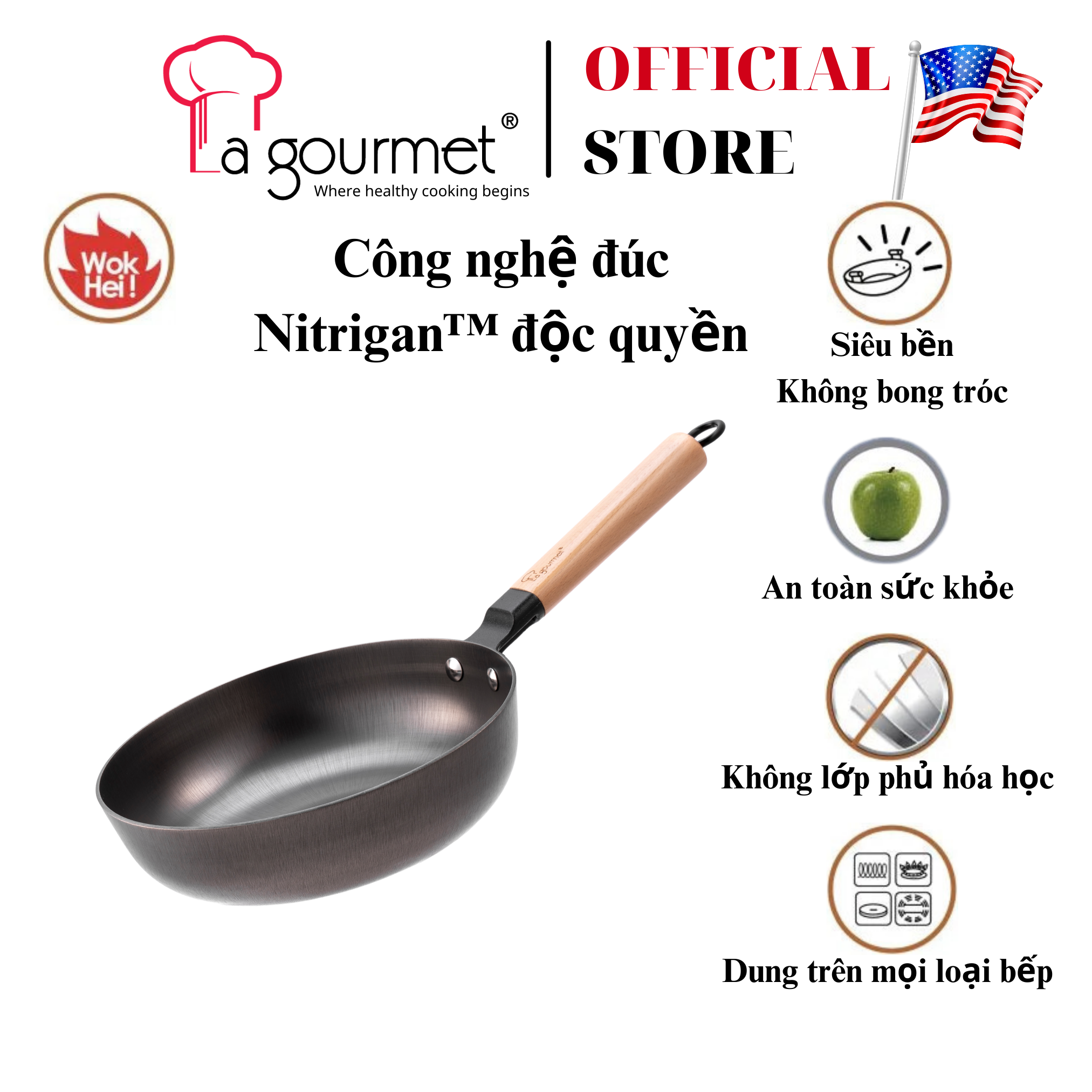 Chảo gang đúc công nghệ mới La gourmet Nitrigan 24cm lòng sâu 2.5L - 347695 (tốt cho sức khỏe, siêu bền)