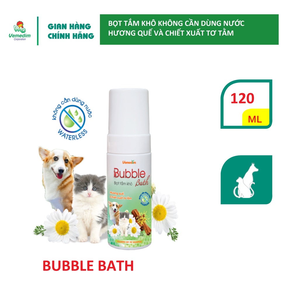 Bọt tắm khô cho Chó Mèo Vemedim Bubble Bath Chai 120ml Giúp khử mùi và làm sạch lông mà không cần dùng nước Sx tại VN