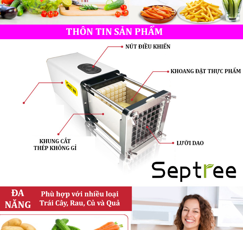 Máy cắt khoai tây chiên, các loại củ và quả đa năng. Thương hiệu Mỹ Septree cao cấp - F300. Hàng nhập khẩu