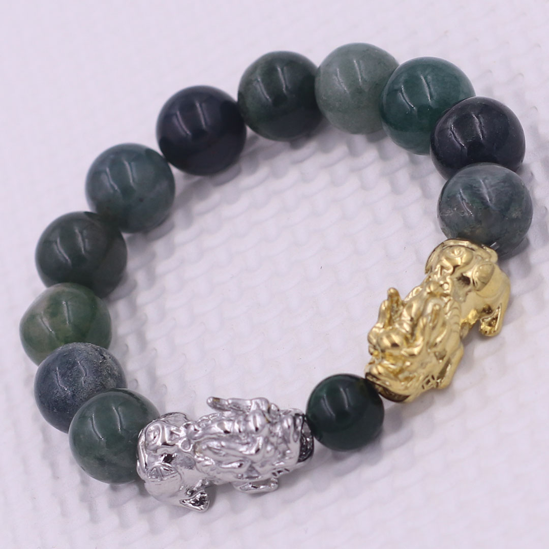 Vòng chuỗi đeo tay đá cẩm thạch xanh đậm 12 ly charm tỳ hưu đôi inox trắng và vàng, vòng chuỗi phong thủy, charm tỳ hưu, vòng tay hạt chuỗi