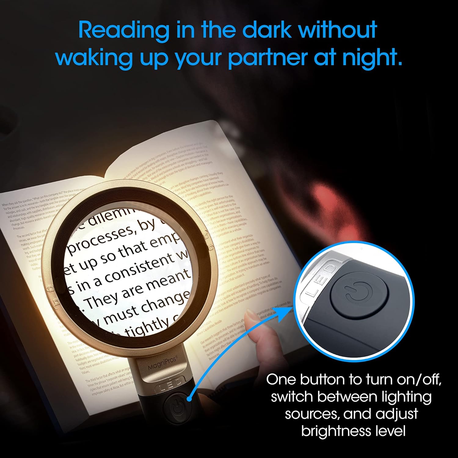 Kính lúp cầm tay đọc sách cao cấp Magnipros MP-9896 (10x, có đèn led 3 chế độ màu) - Hàng chính hãng