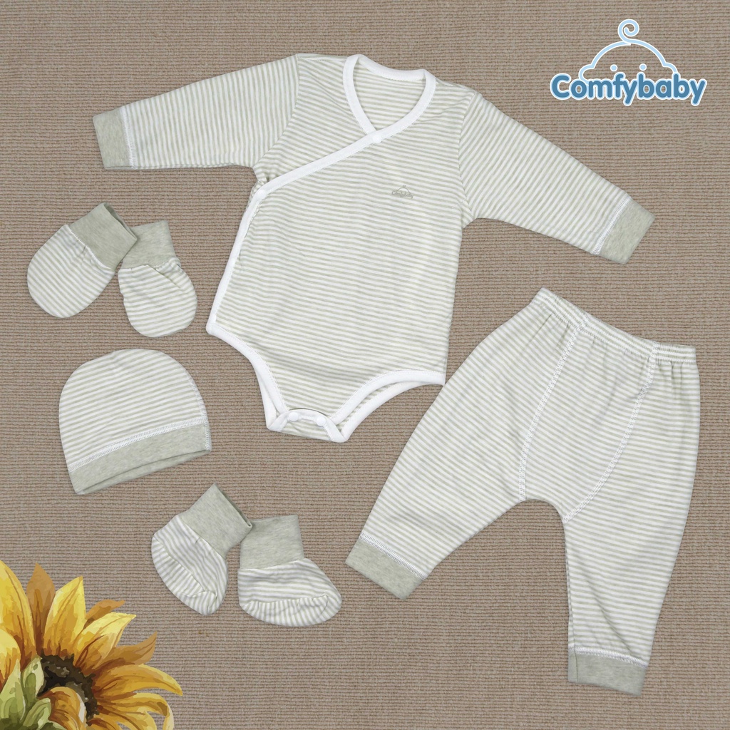 Set Bodysuit sơ sinh 5 món (quần áo dài, bao tay chân, mũ) kẻ sọc 100% Cotton Comfybaby