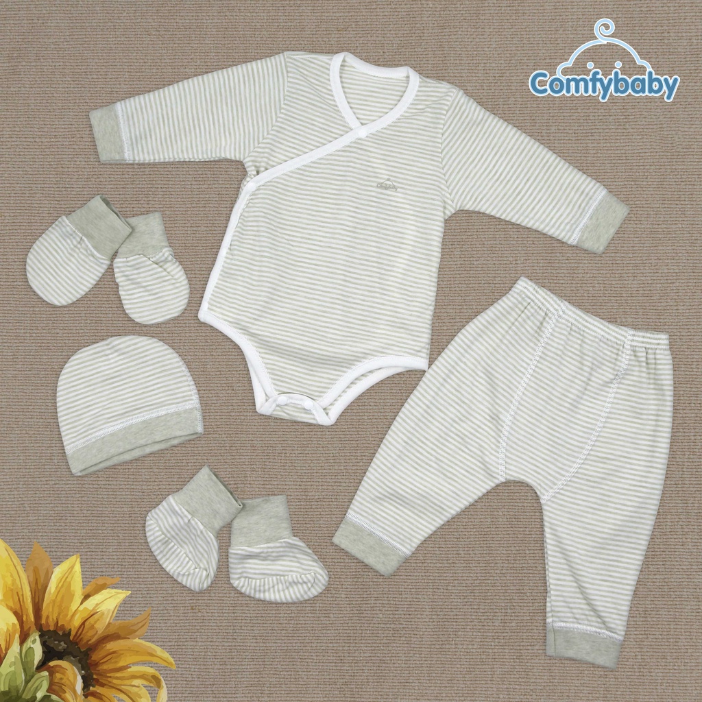 Set Bodysuit giữ ấm sơ sinh 5 món ComfyBaby kẻ sọc màu xanh - 100% Cotton- chính hãng