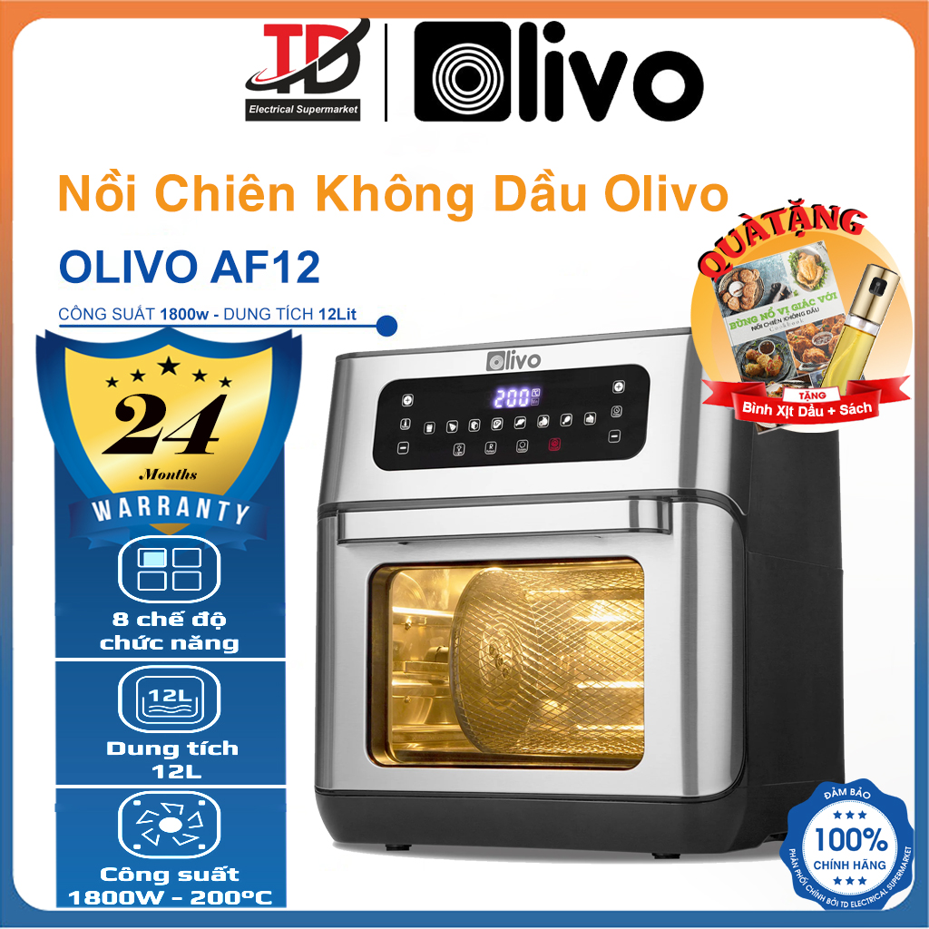 Nồi Chiên Không Dầu OLIVO AF12, 12Lit-1800W, 8 Chức Năng và Phụ Kiện Đa Năng, Hàng Chính Hãng