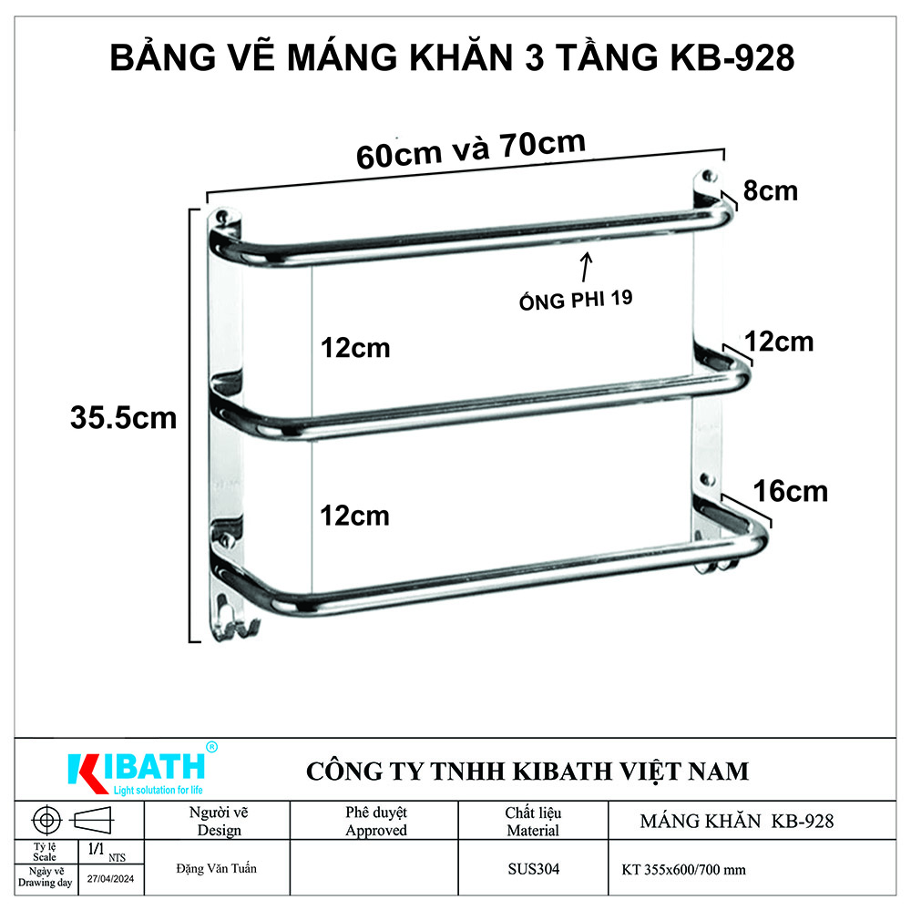 Giá Treo Khăn Nhà Tắm Kibath 3 Tầng Inox SUS 304 KB-928