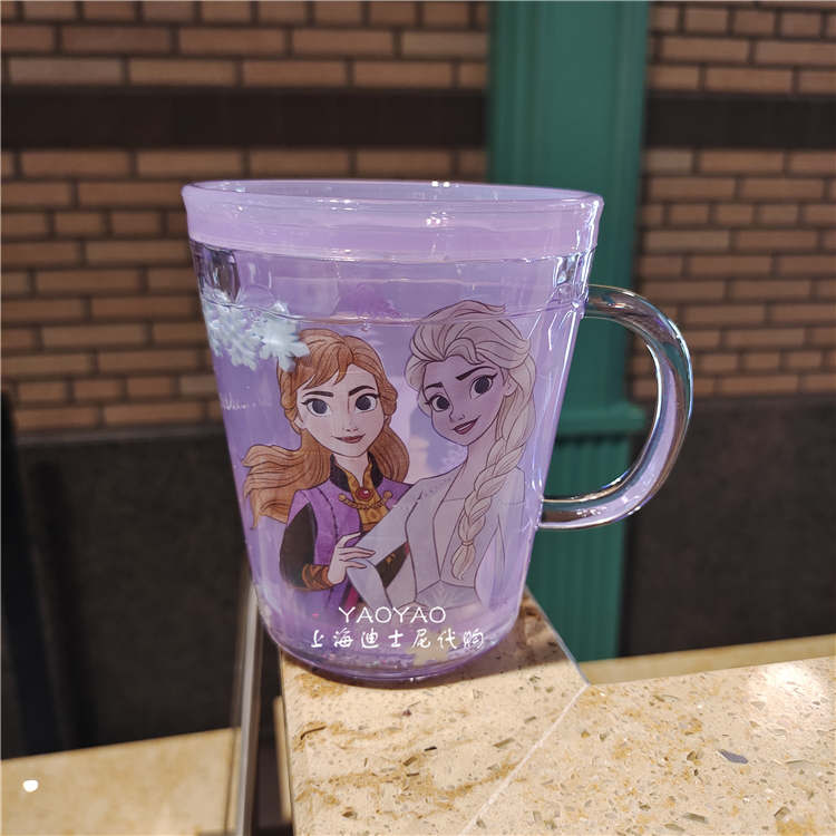 Ly quai cầm tay 2 lớp nhũ nước kim tuyến trong suốt hình công chúa Elsa và Anna màu tím siêu cute cho bé gái 260ml - 118VNDP2502
