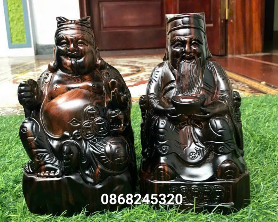 Cặp Tượng thần tài _ thổ địa phong thủy cầu tài ,cầu lộc bằng gỗ mụn hoa cực đẹp kt cao 20×12×8cm