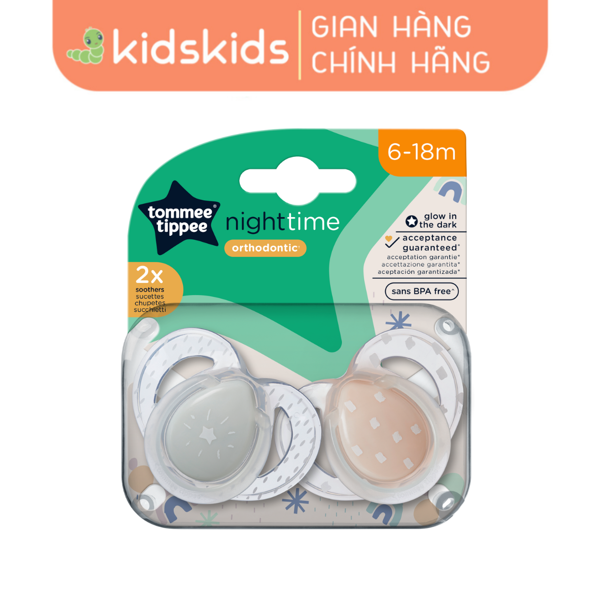 Ty Ngậm Dạ Quang Cho Bé Tommee Tippee Night Time 6 - 18 Tháng (Vỉ Đôi) - Mưa Xám