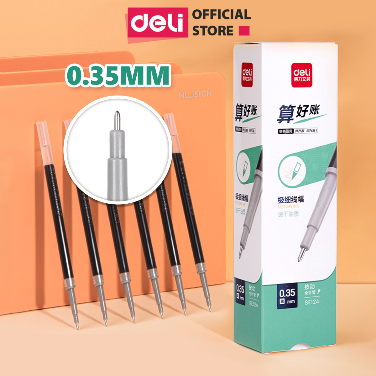 Hình ảnh Bút Bi Nước Bút Gel Bút Mực Bấm Văn Phòng Deli Mực Đen Ngòi 0.35mm Học Sinh Mực Đều, Ngòi Nhỏ - Có Ruột Thay Thế