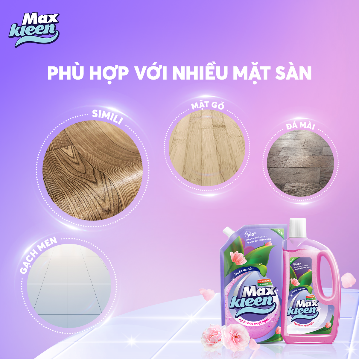 Chai Nước Lau sàn MaxKleen (Ngàn hoa ngọt ngào/Ban mai thanh mát) 1KG