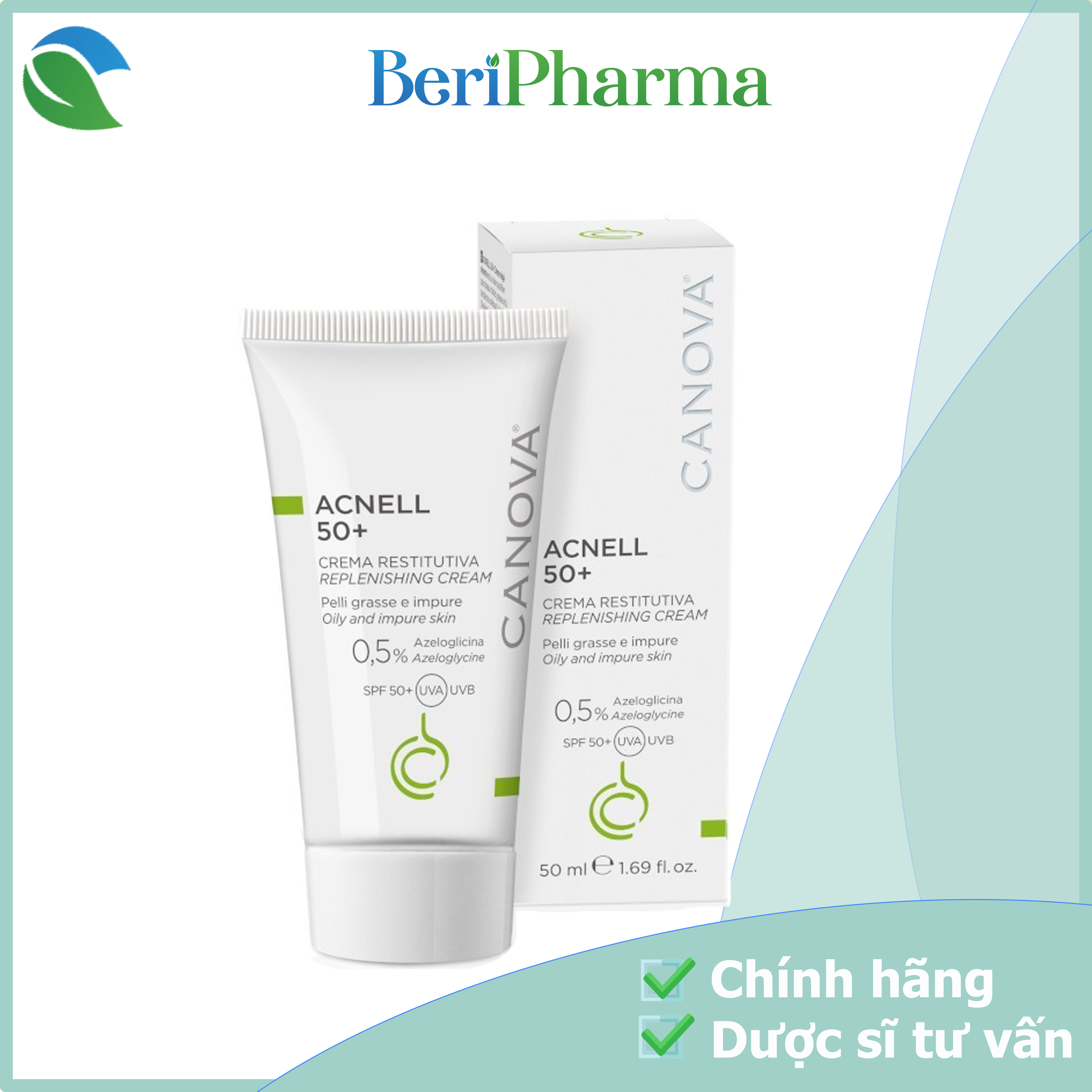 Canova Kem Giảm Mụn Ban Ngày Dành Cho Da Mụn, Da Nhạy Cảm ACNELL 50+ Replenishing Cream 50ml