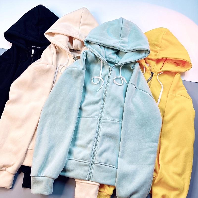 Áo khoác nam nữ khoá zip nỉ bông form rộng unisex khoác trơn mũ rộng TRƠN BASSIC