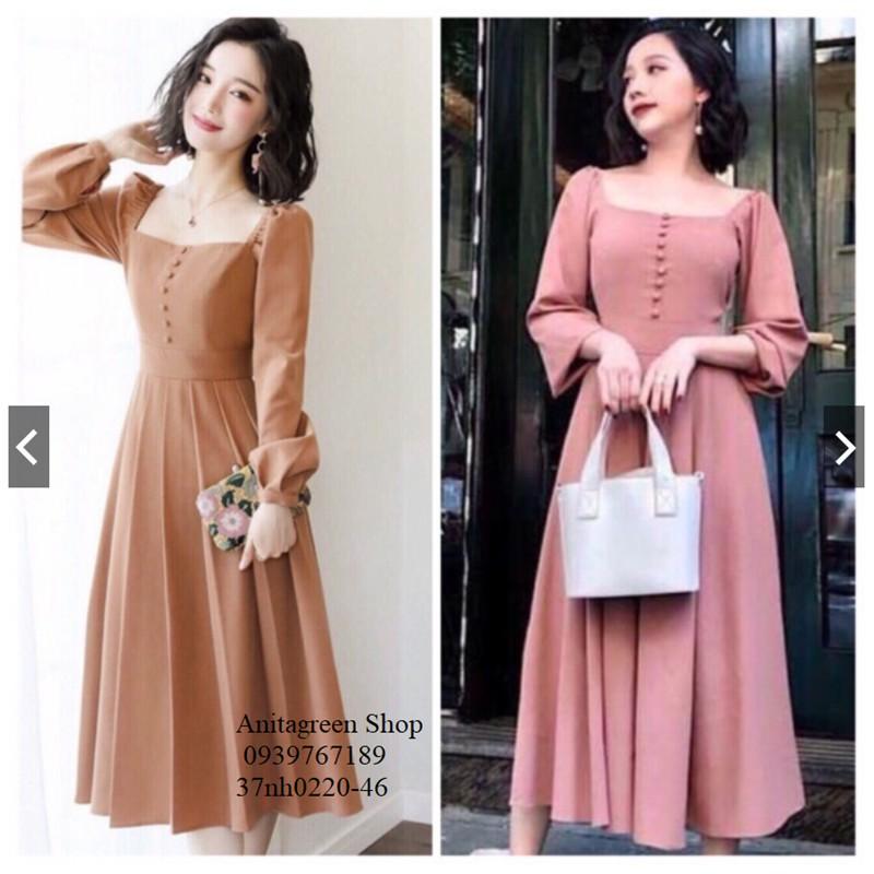 37nh0220-ĐẦM CỔ VUÔNG TAY DÀI 2 MÀU s-6xl
