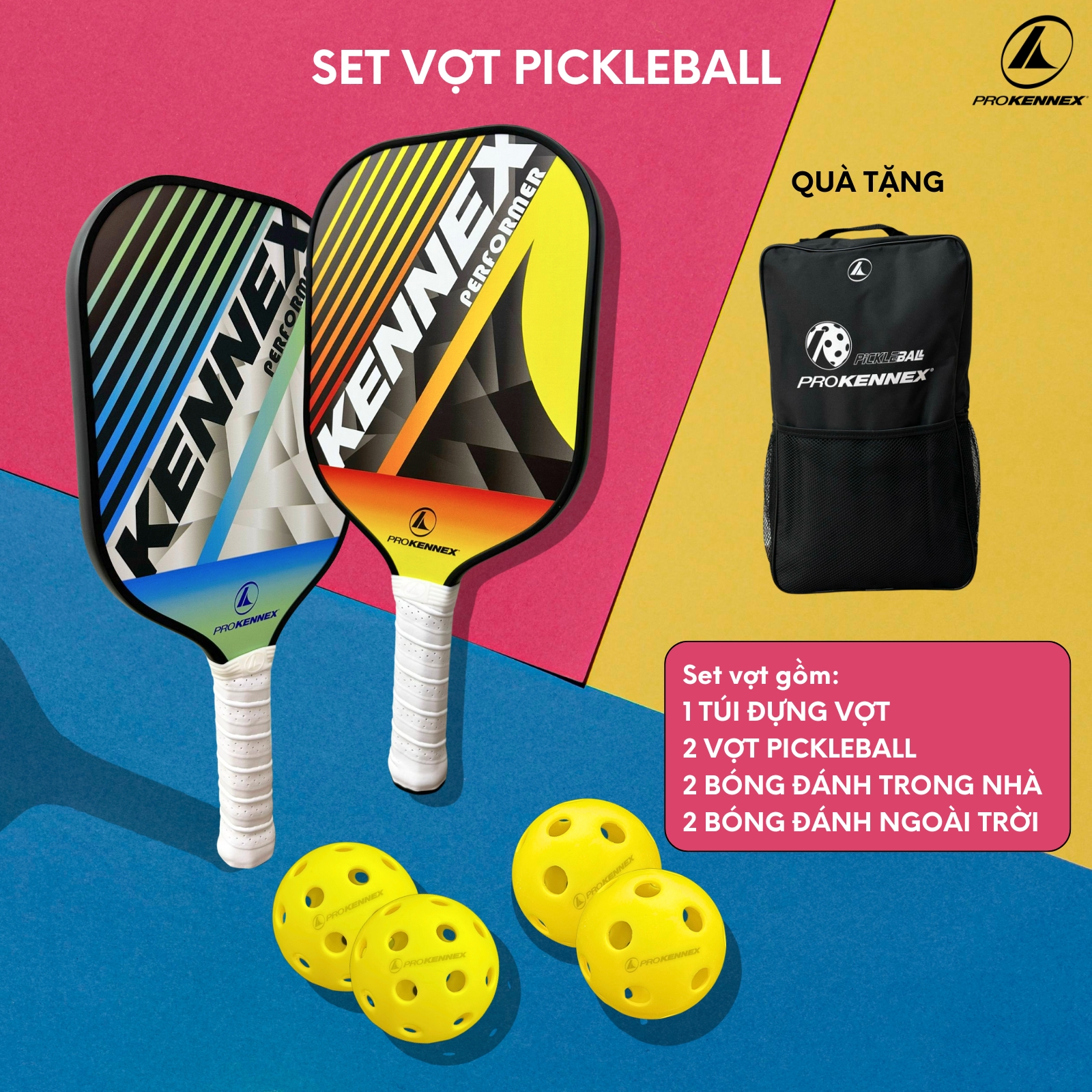 Vợt Pickleball ProKennex Performer Set PKL-30321 chất lượng kèm túi đựng 4 quả bóng siêu nhẹ, Vợt Pickleball Performer lẻ chính hãng