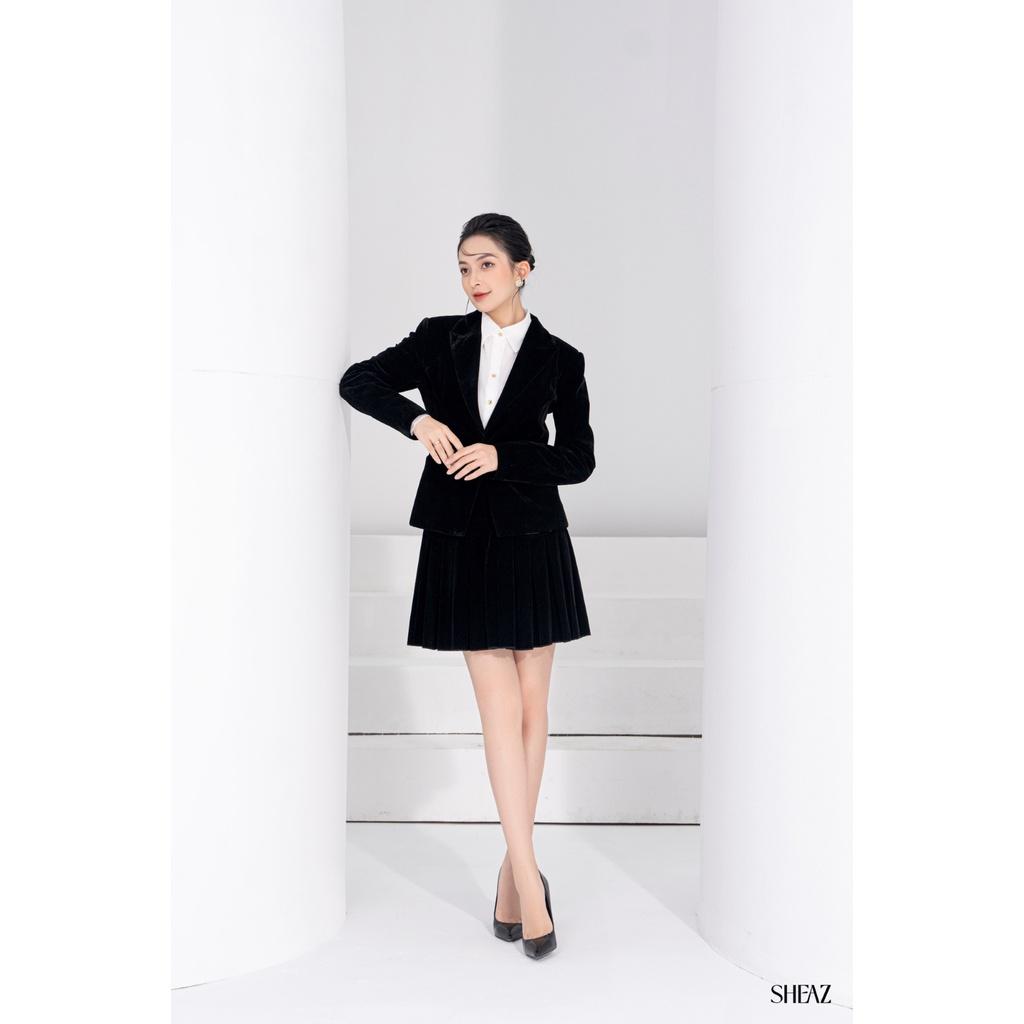 SHEAZ Áo vest blazer nhung nữ thu đông, màu đen, công sở basic, lót lụa satin