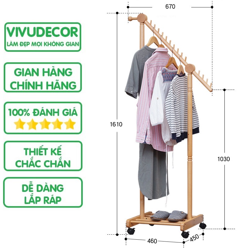 Giá Treo Quần Áo Di Động 100% Gỗ Tự Nhiên Vivudecor, Giá Treo Đồ Lắp Ráp Dễ Dàng, Xuất Khẩu Hàn Quốc